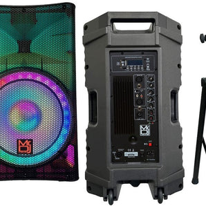 2 MR DJ PLED5200 PRO PA DJ 15" Portable Active Bluetooth/MP3/FM Radio Speaker + Speaker Stand