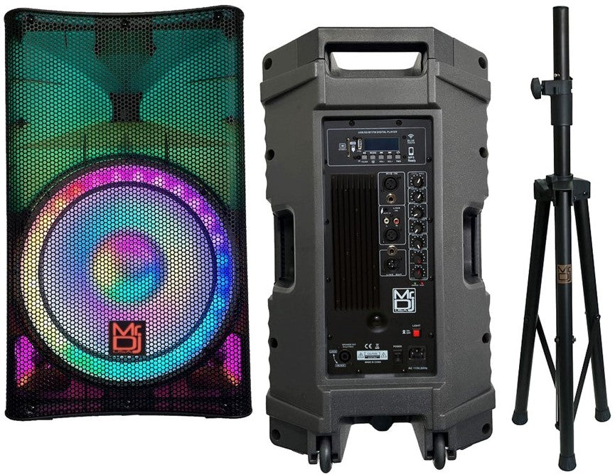 MR DJ PLED5200 PRO PA DJ 15" Portable Active Bluetooth/MP3/FM Radio Speaker + Speaker Stand