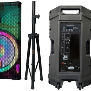 2 MR DJ PLED5200 PRO PA DJ 15" Portable Active Bluetooth/MP3/FM Radio Speaker + Speaker Stand