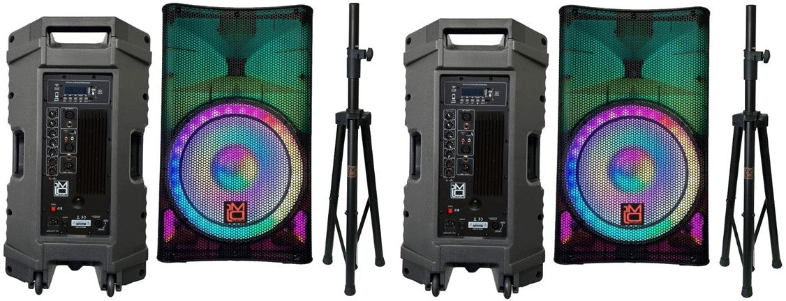 2 MR DJ PLED5200 PRO PA DJ 15" Portable Active Bluetooth/MP3/FM Radio Speaker + Speaker Stand