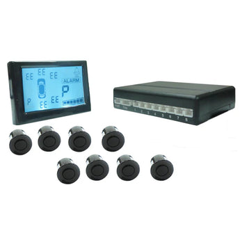 Absolute PS1000 Front and Rear Parking Sensor System components including display units and sensors.