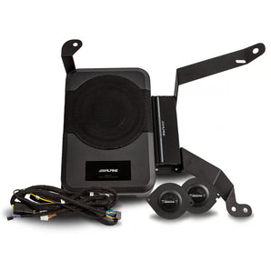 Alpine PSS-23WRA2 audio system kit components including speaker, amplifier, wires, and accessories for Jeep Wrangler and Gladiator.