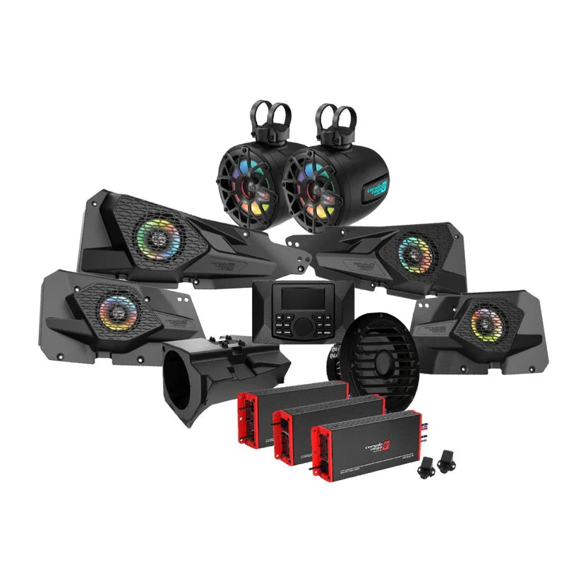 Cerwin Vega RPMRZRKM43 2014+ RZR XP 4DR 1110W Complete Audio Kit with 3 Amplifiers, Media Center, Front and Rear 6.5” 2-Way Door Speakers, 6.5” 2-Way Tower Speakers and 10" Subwoofer