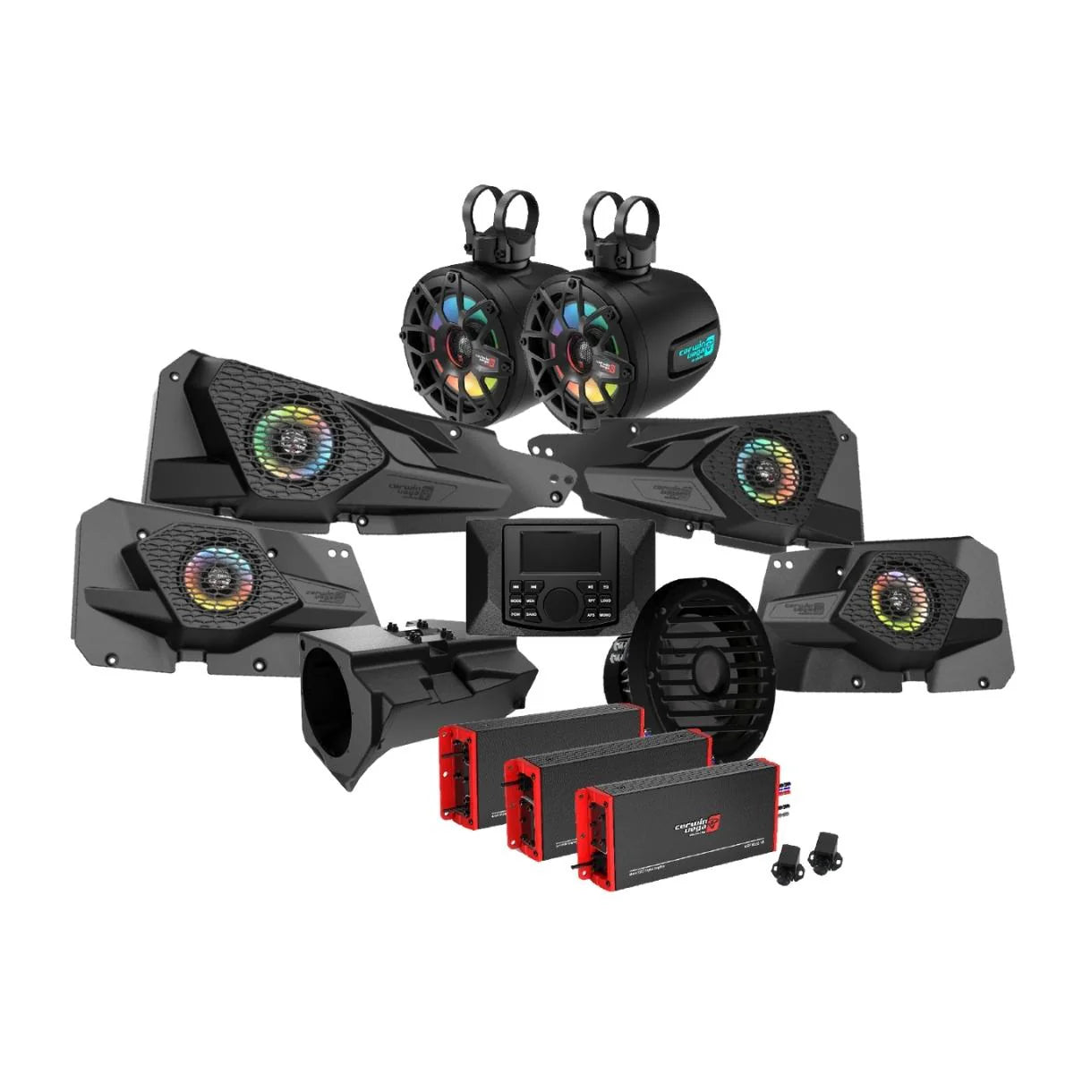 Cerwin Vega RPMRZRKM43 2014+ RZR XP 4DR 1110W Complete Audio Kit with 3 Amplifiers, Media Center, Front and Rear 6.5” 2-Way Door Speakers, 6.5” 2-Way Tower Speakers and 10" Subwoofer