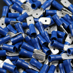 Install Bay BVMD250 blue vinyl male quick disconnect 16-14 gauge .250 terminal for electrical connections