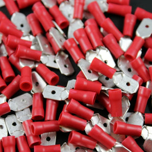 Install Bay RVMD250 Red Vinyl Male Quick Disconnect terminal for 22-18 gauge wiring.