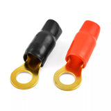 Gold ring terminal pair with red and black boots suitable for 0 gauge wire crimp applications.