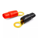  Gold ring terminal pair with red and black boots suitable for 0 gauge wire crimp applications.