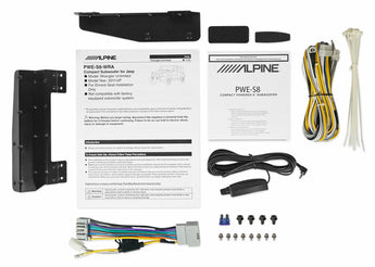  Alpine PWE-S8-WRA Compact powered subwoofer 8" Amplified Custom Fit for 2011-up Jeep Wrangler 4 door with mounting brackets and wiring.
