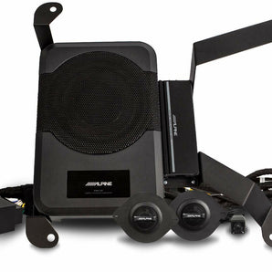 Alpine PSS-23WRA powered upgrade 18-up Wrangler Unlimited JL system with components and wiring.