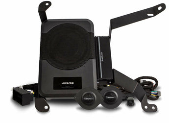 Alpine PSS-23WRA powered upgrade 18-up Wrangler Unlimited JL system with components and wiring.