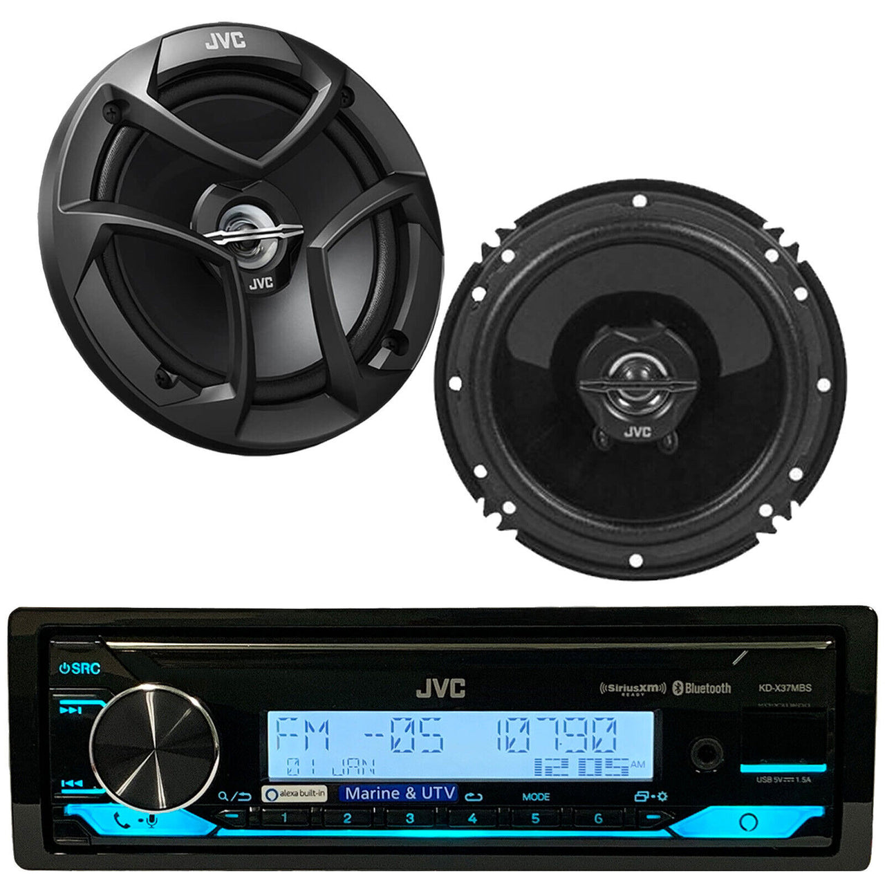 JVC KD-X37MBS Marine/Boat/Car Stereo Digital Media Receiver Alexa/SiriusXM Ready + JVC 6.5" Speakers