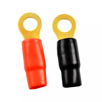  Gold ring terminal pair with red and black boots suitable for 0 gauge wire crimp applications.