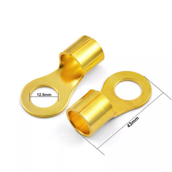 Gold ring terminal image showcasing 0 gauge terminals with dimensions, ideal for crimp cable connections.
