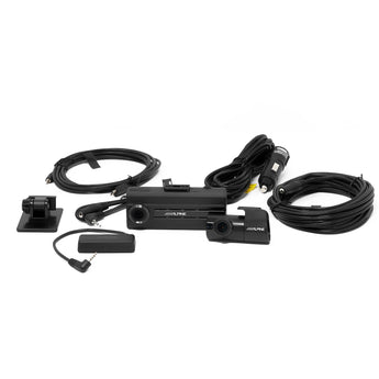 Alpine DVR-C310R Wi-Fi-enabled dashboard dash cam and rear camera bundle with cables and mounting accessories.