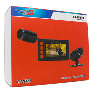 Cerwin Vega C480 action camera packaging with dual lenses and screen for high-resolution recording of motorsports.
