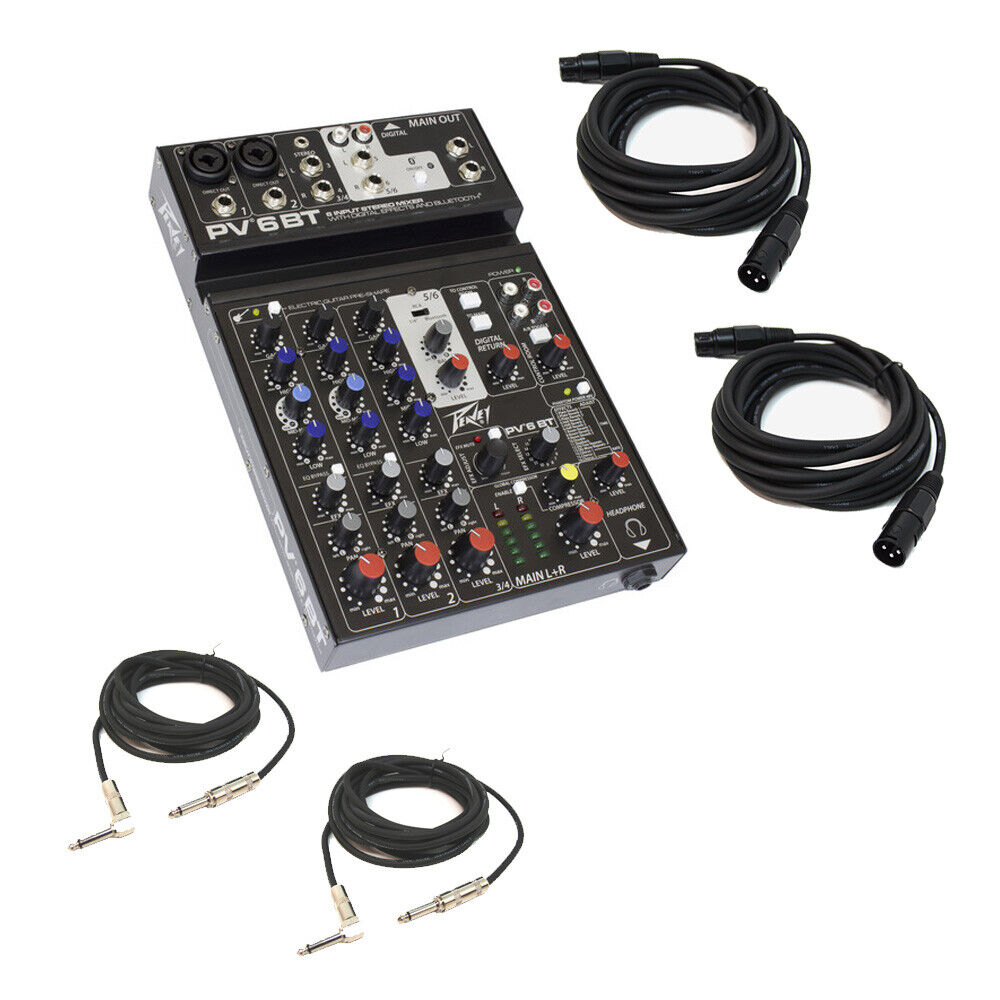 Peavey PV 6 BT 6 Channel Compact Mixing Mixer Console with Bluetooth + 1/4" & XLR Cables