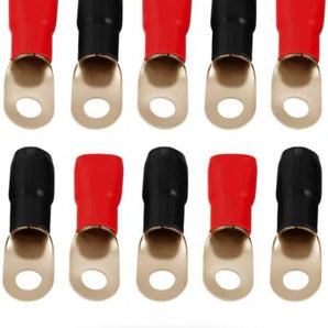 Absolute 0 gauge ring terminal 10 pack with red and black boots for 1/0 AWG wire crimp cable.