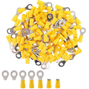 Yellow nylon ring terminals for electrical connections, 12-10 gauge, bulk package of 100, assorted sizes included.