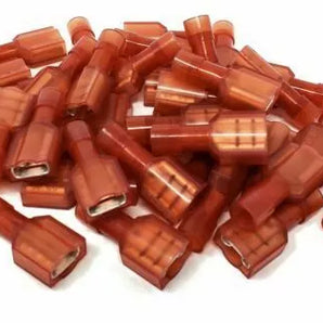 Metra Install Bay RED 22-18AWG female insulated nylon speaker connector isolated on white background.