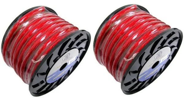 (2) BULLZ AUDIO 1/0 Gauge 50 FT Xtreme Twisted Power Ground Wire Cables | Red