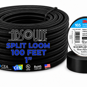 Absolute SLT10-100 100' 1" 25mm Split Wire Loom Sleeve Tube & 3M 165 Electrical Tape