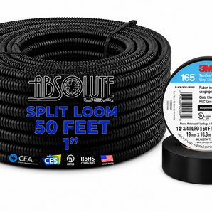 Absolute SLT10-50 50' 1" 25mm Split Wire Loom Sleeve Tube & 3M 165 Electrical Tape