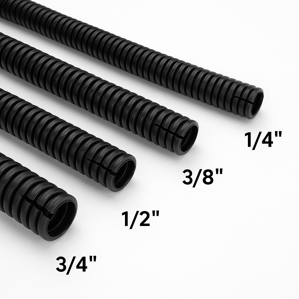 MR DJ 4-Pack 1/4", 3/8", 1/2", 3/4" x 50 Feet Each Split Wire Loom Convoluted Tubing