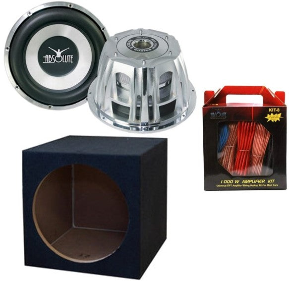 Absolute ST-1500 2000 Watt 10" Car Subwoofer + Sealed Enclosure Box + 8 Gauge Amp Kit