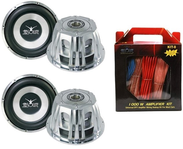 2 x Absolute ST-1500 2000W 10" Dual 4-Ohm Car Subwoofer + 8 Gauge Amp Kit