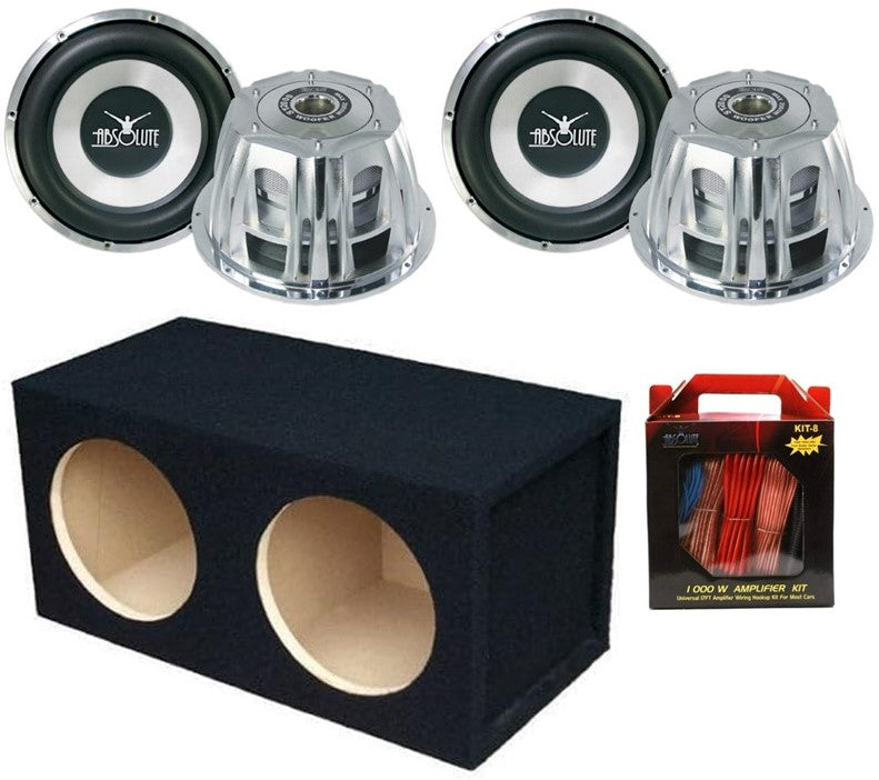 Absolute ST-1500 2000 Watt 10" Car Subwoofer + Double Sealed Enclosure Box + 8 Gauge Amp Kit