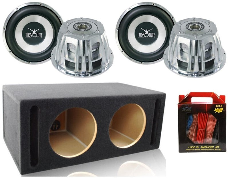 Absolute ST-1500 2000 Watt 10" Car Subwoofer + Double Ported Enclosure Box + 8 Gauge Amp Kit