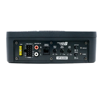 Cerwin Vega VPAS68 active 6x8 subwoofer enclosure back panel connections including power and input options.