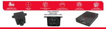 Features of Cerwin-Vega VPAS821 underseat enclosure including dual controls, bass levels, and 2-channel output design.