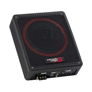 Cerwin Vega VRAD10 active slim subwoofer enclosure with passive radiator features and sleek design.