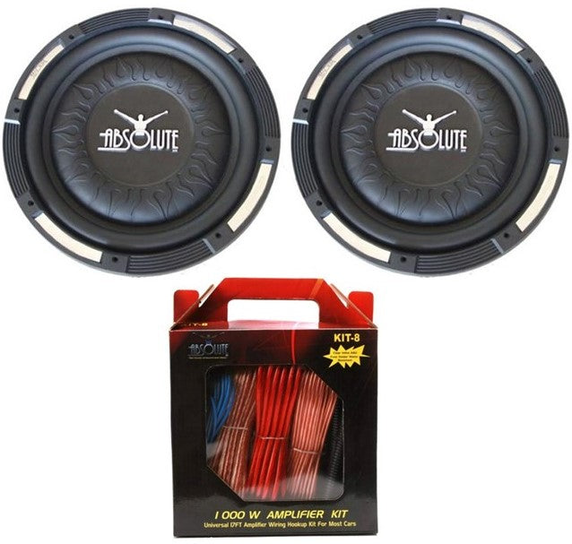 2 Absolute XS-1000 10" 1500 Watts Slim Shallow Subwoofer + 8 Gauge Amp Kit