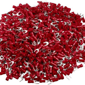  Red insulated fork spade wire connector, suitable for electrical crimp terminal applications, designed for 18-22 AWG wires.