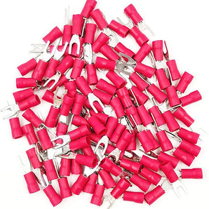  Red insulated fork spade wire connector for electrical crimp terminals.