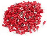 Red insulated fork spade wire connector for electrical crimp terminal, compatible with 18-22 AWG wire.