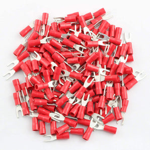 Red insulated spade wire connector for electrical crimp terminal, ideal for 18-22 AWG applications.