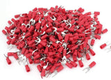 Red insulated fork spade wire connector for electrical crimping, suitable for 18-22 AWG wire sizes.