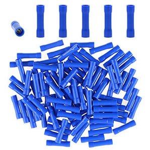 Close-up of a blue insulated splice terminals for electrical crimping, used in various wiring applications.