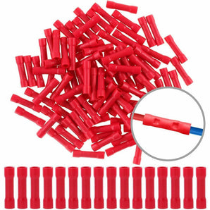 100pcs 22-16 gauge butt insulated splice terminals electrical crimp connectors in red color.