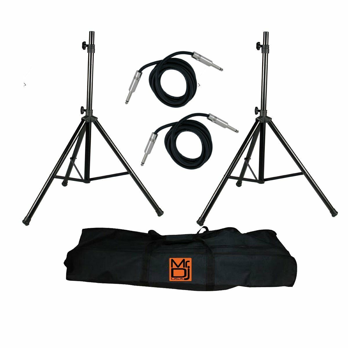 MR DJ SS750PKG Speaker Stand with Road Carrying Bag & 1/4" Cable<br/> Universal Black Heavy Duty Folding Tripod PRO PA DJ Home On Stage Speaker Stand Mount Holder with Road Carrying Bag & 2 1/4" 25' Cable