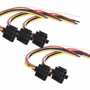 5-Pin interlocking relay socket with colored wires for automotive applications.