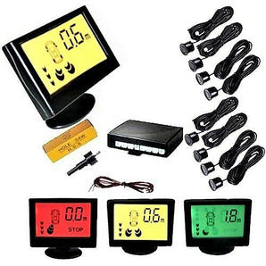 Absolute PS10000 rear parking sensor system display and sensors for front and rear parking assistance.
