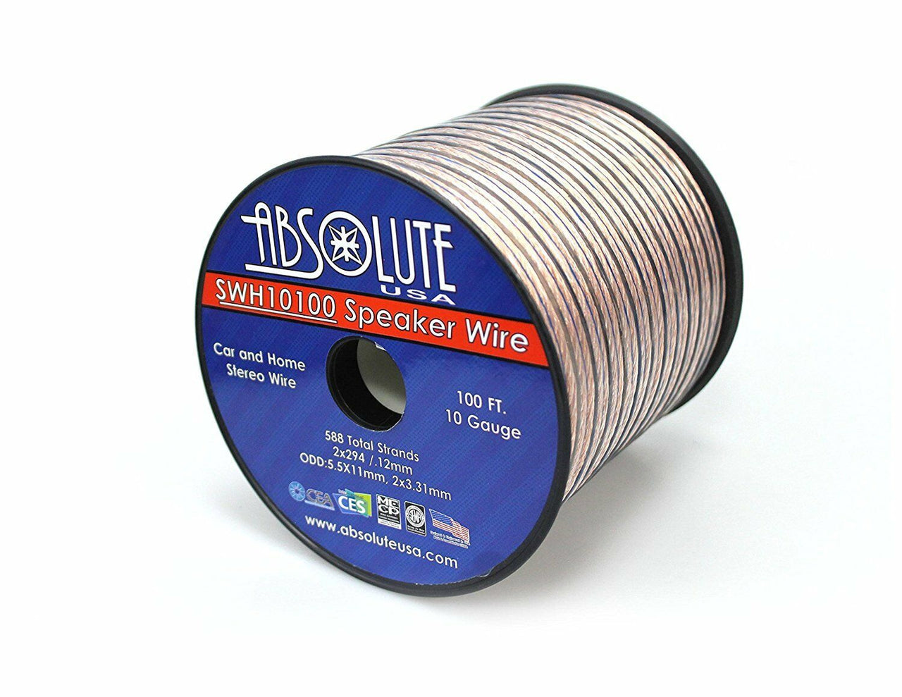 Absolute USA SWH10100 10 Gauge Car Home Audio Speaker Wire Cable Spool 100'