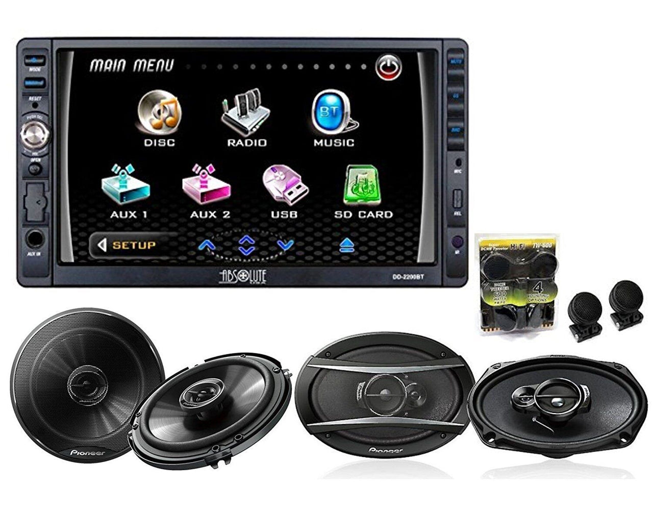 Absolute DD2200BT Double Din DVD, CD, MP3 Player W/ Pioneer TS-G1645R 6.5", TS-A6966R 6x9 & TW600