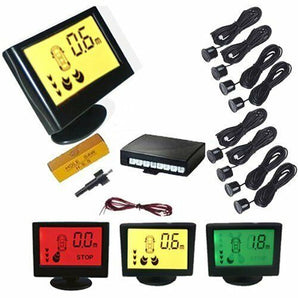 Absolute PS1000 Front and Rear Parking Sensor System components including display units and sensors.