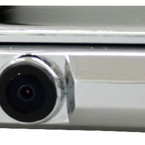 Chrome rear view color camera with wide angle view and night vision features for vehicles.